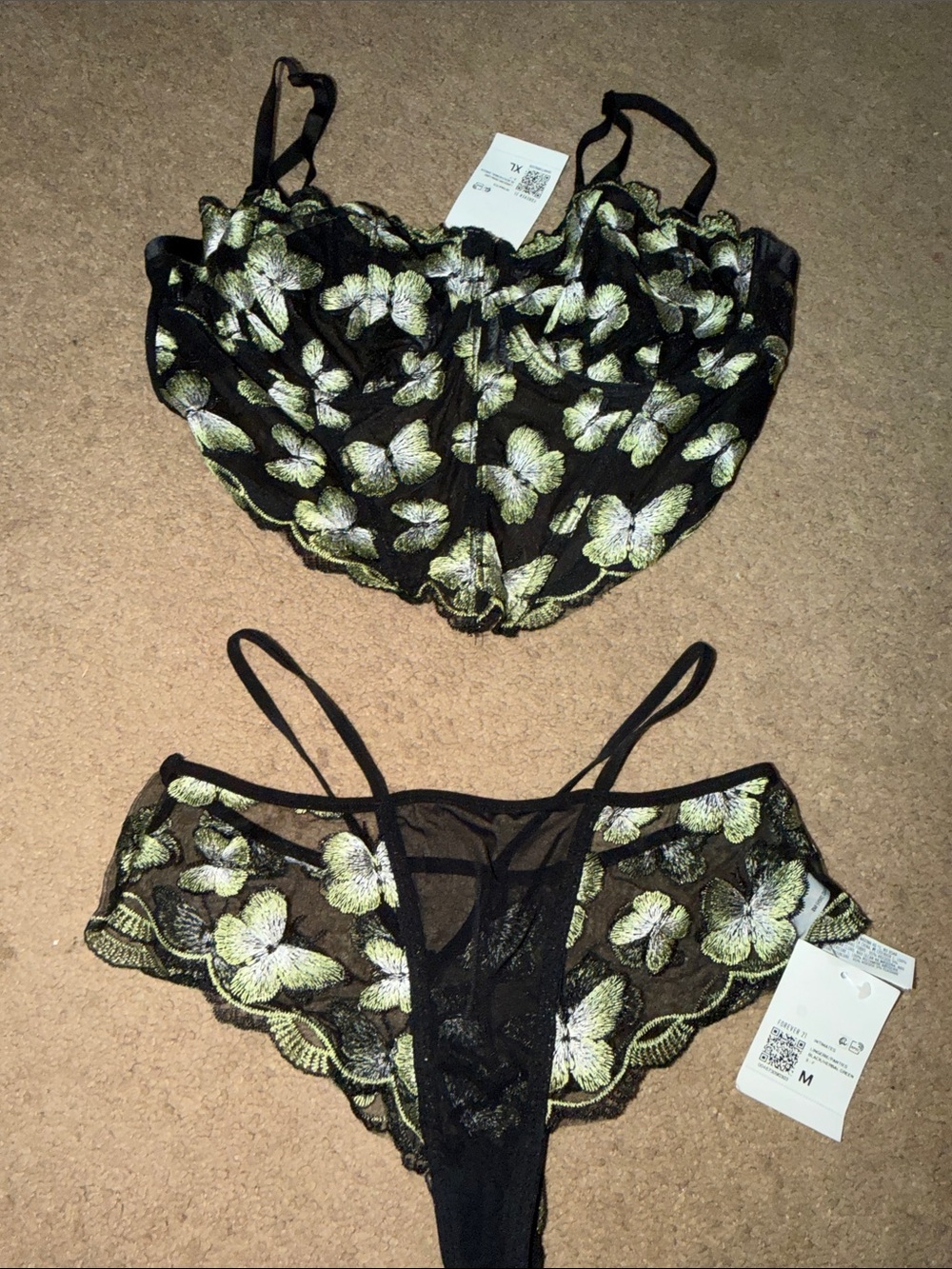 Sheer Black & Lime Butterfly Lace Bra and Thong Set
